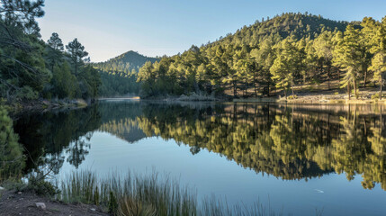 Serene pine forest lake reflection landscape
