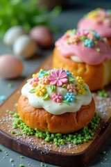 Delicious Easter bread, decorated with colorful icing , yeast, bread