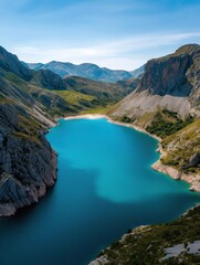 Beautiful landscape of a mountainous area with a large lake in the center. the lake is a deep turquoise color and is surrounded by rocky cliffs on both sides.