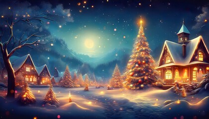 Christmas Tree and House Covered in Snow at Night