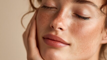 Close-up serene face, freckles, soft skin