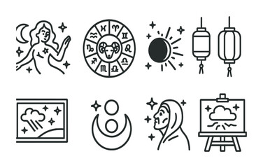 Astrology and celestial symbols: zodiac signs, moon phases, eclipse, lanterns, weather.