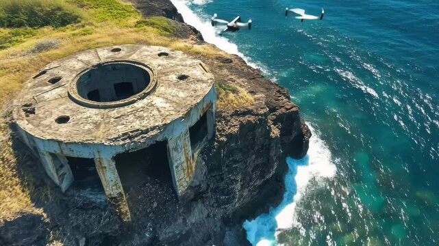 Drone captures aerial view of an abandoned bunker overlooking the ocean in Hawaii, Drone Flying Above Abandoned Bunker In Hawaii