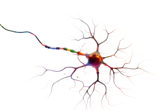 Colorful neuron showing dendrites and axon terminals on transparent background PNG