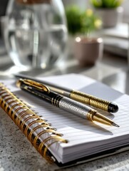 Notepad with pens on a table, featuring a blurred background with greenery.