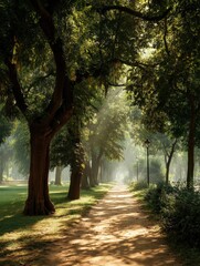 Fototapeta premium A serene pathway lined with trees, creating a tranquil atmosphere.