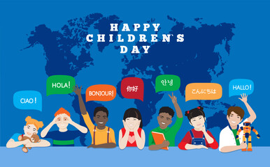 Happy Children's Day vector banner, background, poster, international celebration, unity concept. Joyful diverse kids, african, asian, boys, girls together at world map. Hello in various languages