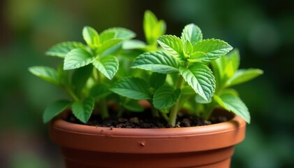Fototapeta premium Vibrant green mint plant thriving in terracotta pot, UK garden , nature, vibrant green, botany