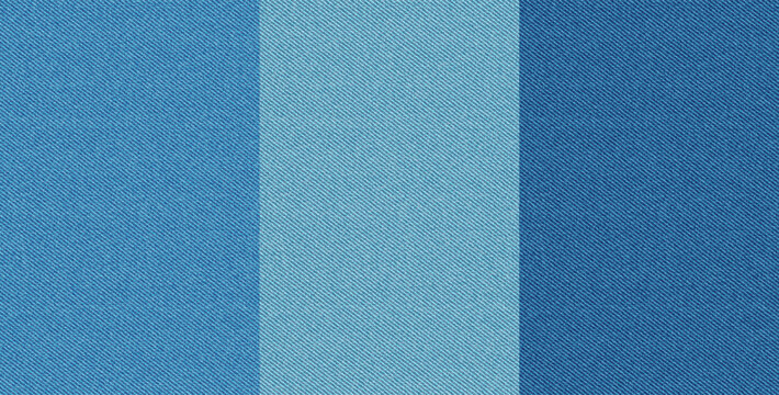 Blue denim fabric seamless pattern set. Jeans cloth texture. Blue cotton material for pants, casual dress and apparel. Abstract seamless patterns of denim textile, vector illustration