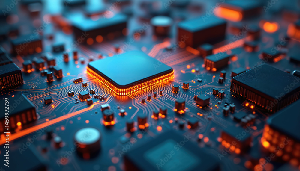 Aufkleber Abstract illustration of computer microchip, processor circuit board. Digital tech, computing, data processing, information flow. AI, machine learning, cloud computing tech, network, system, data