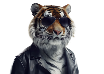 Cool tiger wearing sunglasses and leather jacket on transparent background PNG