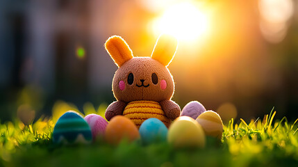 Adorable Brown Plush Easter Bunny Amidst Colorful Eggs in Sunny Grass