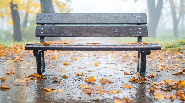 Wet Bench with Autumn Leaves in Foggy Woods