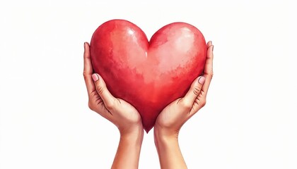 Obraz premium Two hands gently cradle red heart. Watercolor style illustration isolated on white background, symbol of love, care, compassion. Positive emotion, wellness, mental health, empathy, support, harmony.