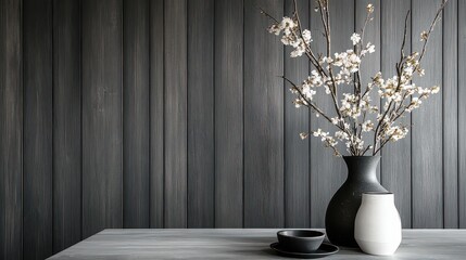 Still life of vases with flowering branches against a dark wooden background