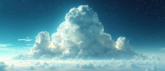 Majestic cumulus cloud formation dominates a vast, serene sky, illuminated from within, creating a breathtaking celestial scene
