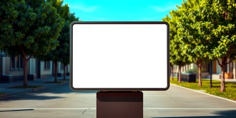 Fototapeta premium A blank billboard stands on a city street with trees and buildings in the background view