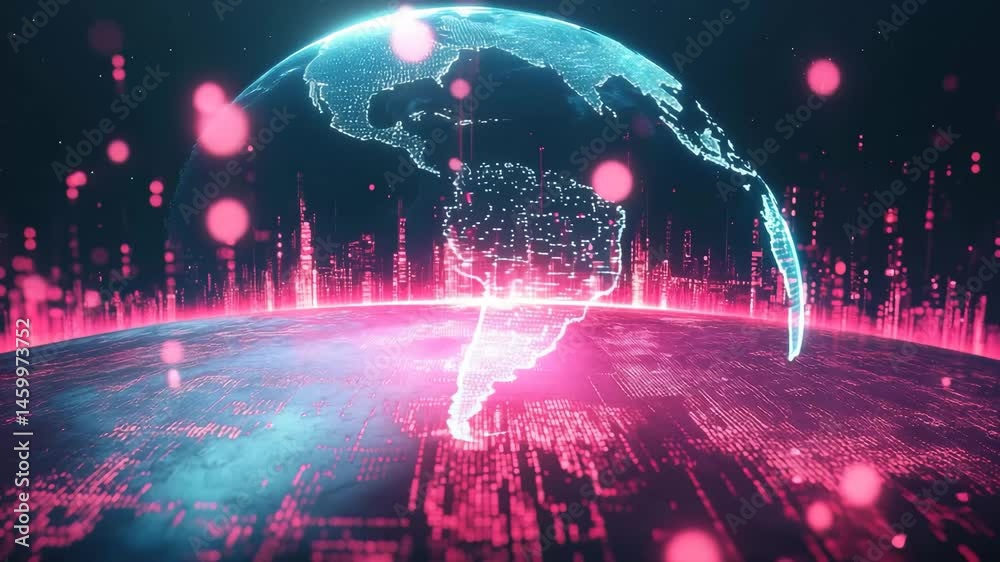 Poster global digital data processing illustrated with binary coding over a vibrant globe, binary coding di