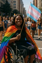 Black Trans Woman in Wheelchair at Pride Parade Holding Trans Flag - Inclusive LGBTQ+ Diversity Empowerment Urban Celebration