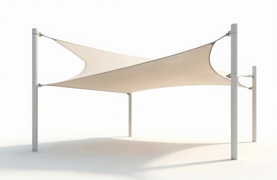 Minimalist design sun shade structure. Modern architectural white element against white background. Shade sail construction providing sun protection, outdoor living space. Simple clean shape,