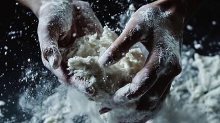 Fototapeta premium Extreme Close-Up of Artisan Hands Kneading Fresh Dough on Rustic Surface