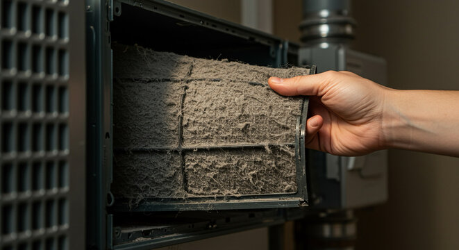 Close-up of a hand removing a dirty furnace filter from an HVAC unit, showcasing dust buildup and grime, emphasizing home maintenance and air health during golden-hour lighting.