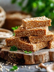 Stack of four square-shaped crackers with sesame seeds on top. the crackers are arranged in a neat stack on a wooden surface, with a few sprigs of parsley scattered around them.