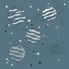Abstract space illustration with planets and rings. Minimalist style, gray tones