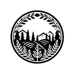 Minimalist Nature Illustration: Black & White Mountain Landscape in Circle