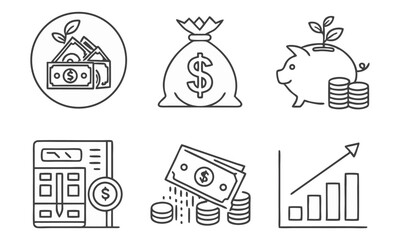 A vector set of black doodle business icons: money, finance, design symbols illustration