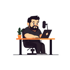 Cartoon man working at desk with laptop, plant, and microphone for remote work and creative design purposes on transparent background