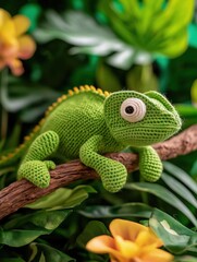 Close-up of a crocheted chameleon sitting on a branch. the lizard is green in color with orange and yellow accents on its body. it has a round head with a small white eye in the center.