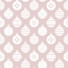 Christmas Balls Ornaments Pattern. Seamless Geometric Print with Christmas Ornament. Paper Cut Stencil. Trendy Flat Style Background. Can be used for Packaging, Cover, Mug. Vector in Pink, White