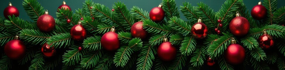 Obraz premium Luxurious evergreen garland draped with vibrant red & gold ornaments , holiday greenery, winter spirit