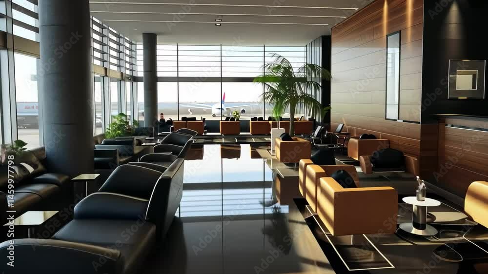 Aufkleber modern airport lounge with spacious seating and large windows showcasing runway views during daytime