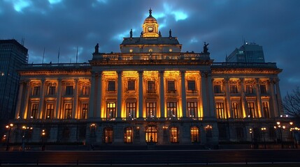 Obraz premium Majestic illuminated building at twilight, showcasing classical architecture with columns and statues