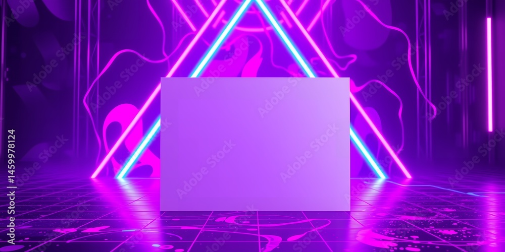 Poster abstract neon background with triangular lights and a blank rectangle in the center