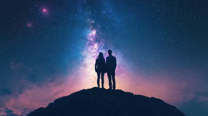 Silhouette couple gazes at a cosmic night sky.