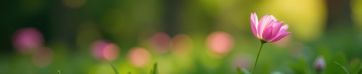 Single pink flower blooming quietly in peaceful garden setting, image, gentle