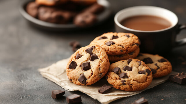 Delicious chocolate chip cookies served with hot coffee on a rustic table setting