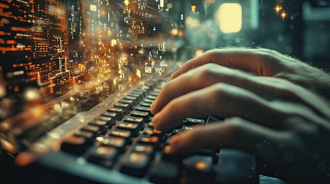 Hands typing on a keyboard with digital code overlay - Powered by Adobe