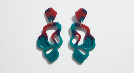 Statement earrings with abstract shape, floating over white"