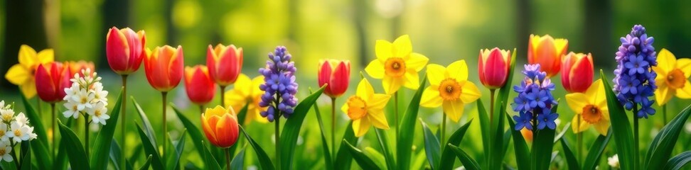 Obraz premium Vibrant tulips, daffodils, and hyacinths bloom on lush green grass , yellow, green, vibrant