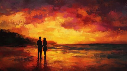Fototapeta premium Silhouettes of a couple at sunset on a beach.