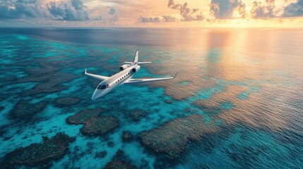 An awe-inspiring view of a private jet soaring gracefully above a breathtaking seascape, embodying luxury, travel, and freedom.