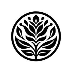 Black and White Floral Emblem in Circle, Minimalist Design