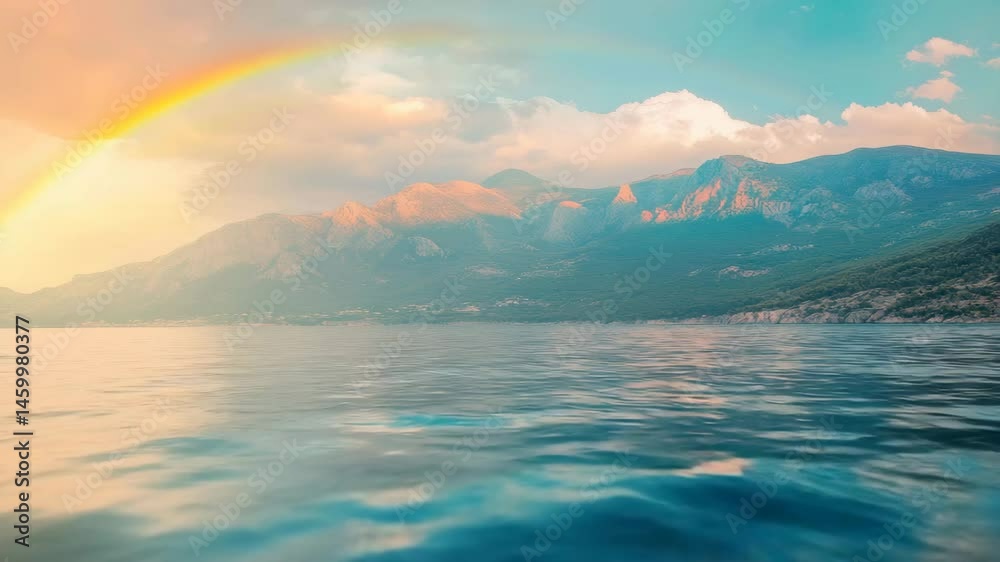 Poster fast-moving camera captures stunning view of sea water and mountain range with a vibrant rainbow, ca