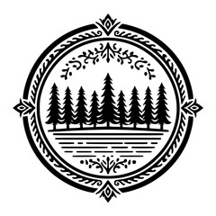 Black and White Forest Landscape Emblem - Circular Design