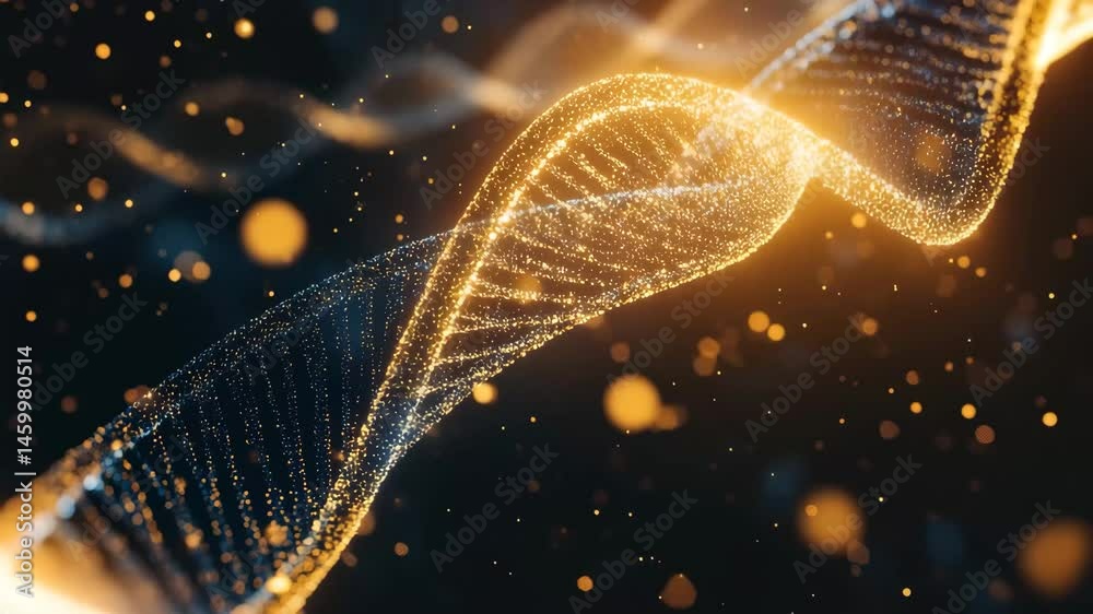 Poster data processing visualization over a dna strand with luminous particles on a black background, data 