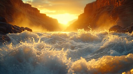 Golden sunset illuminates raging river rapids in canyon